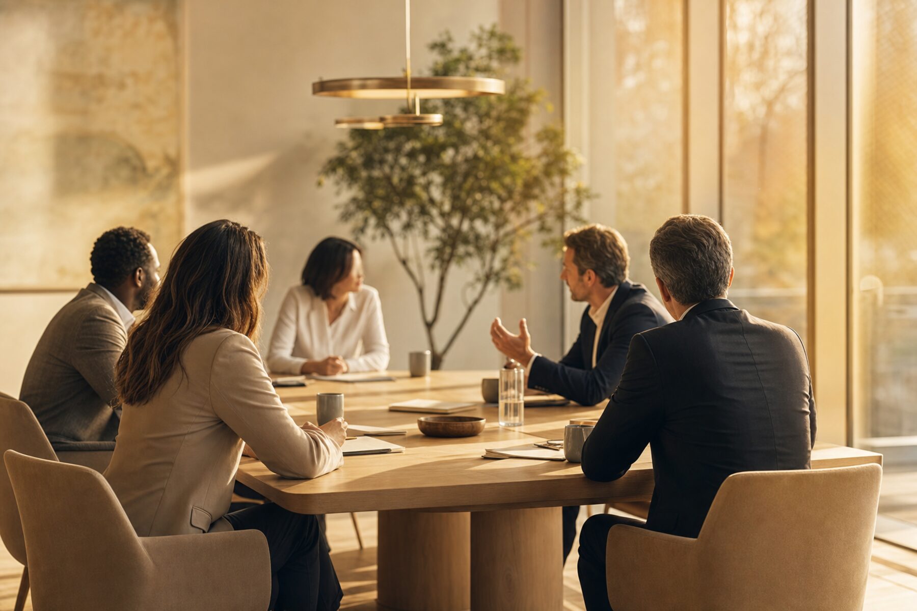 An executive leadership team seated around a modern wooden conference table in a warmly lit boardroom, deep in strategic conversation