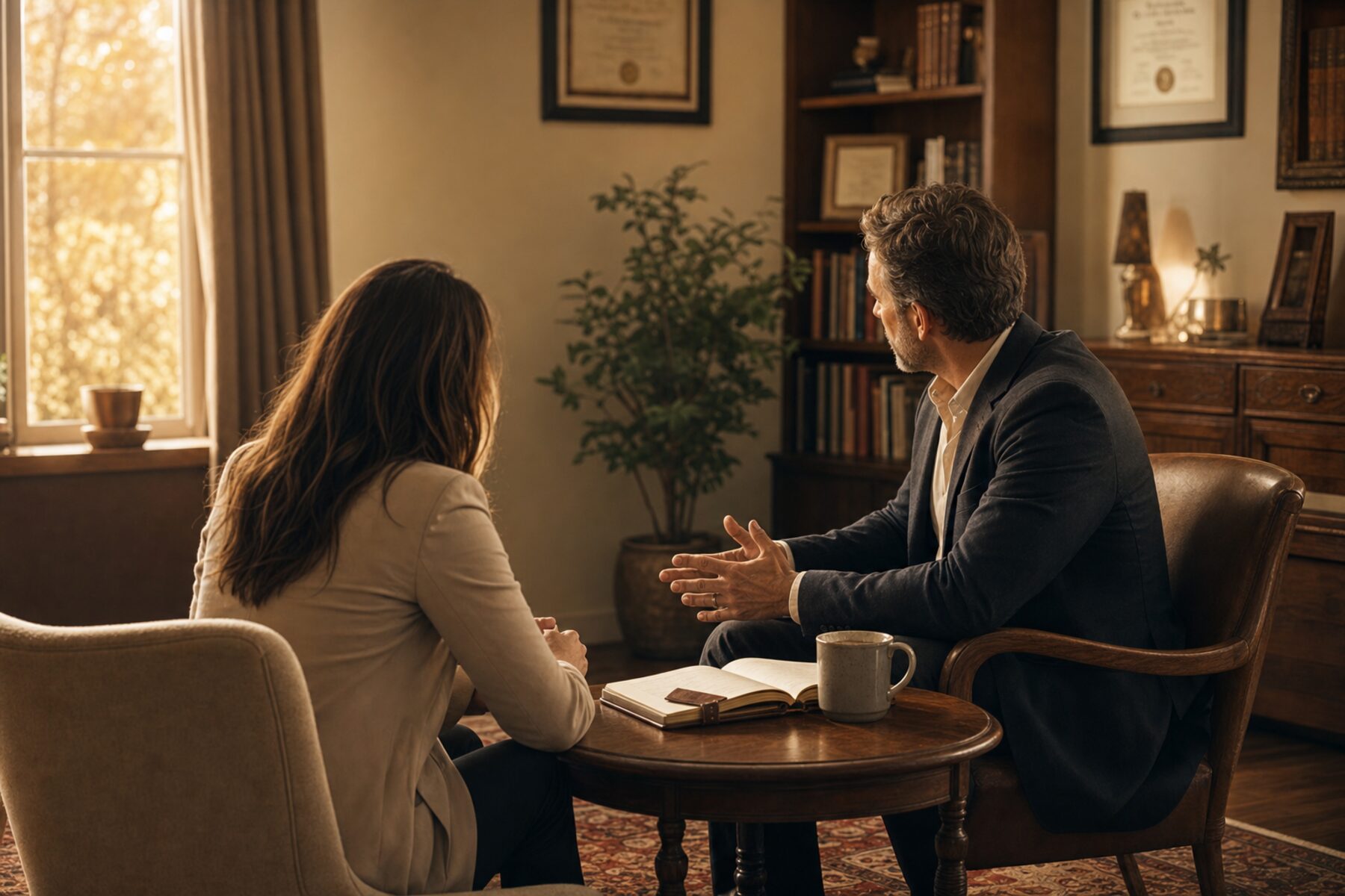 A senior practitioner in warm conversation with another practitioner in a private study, an open leather-bound notebook on the table between them