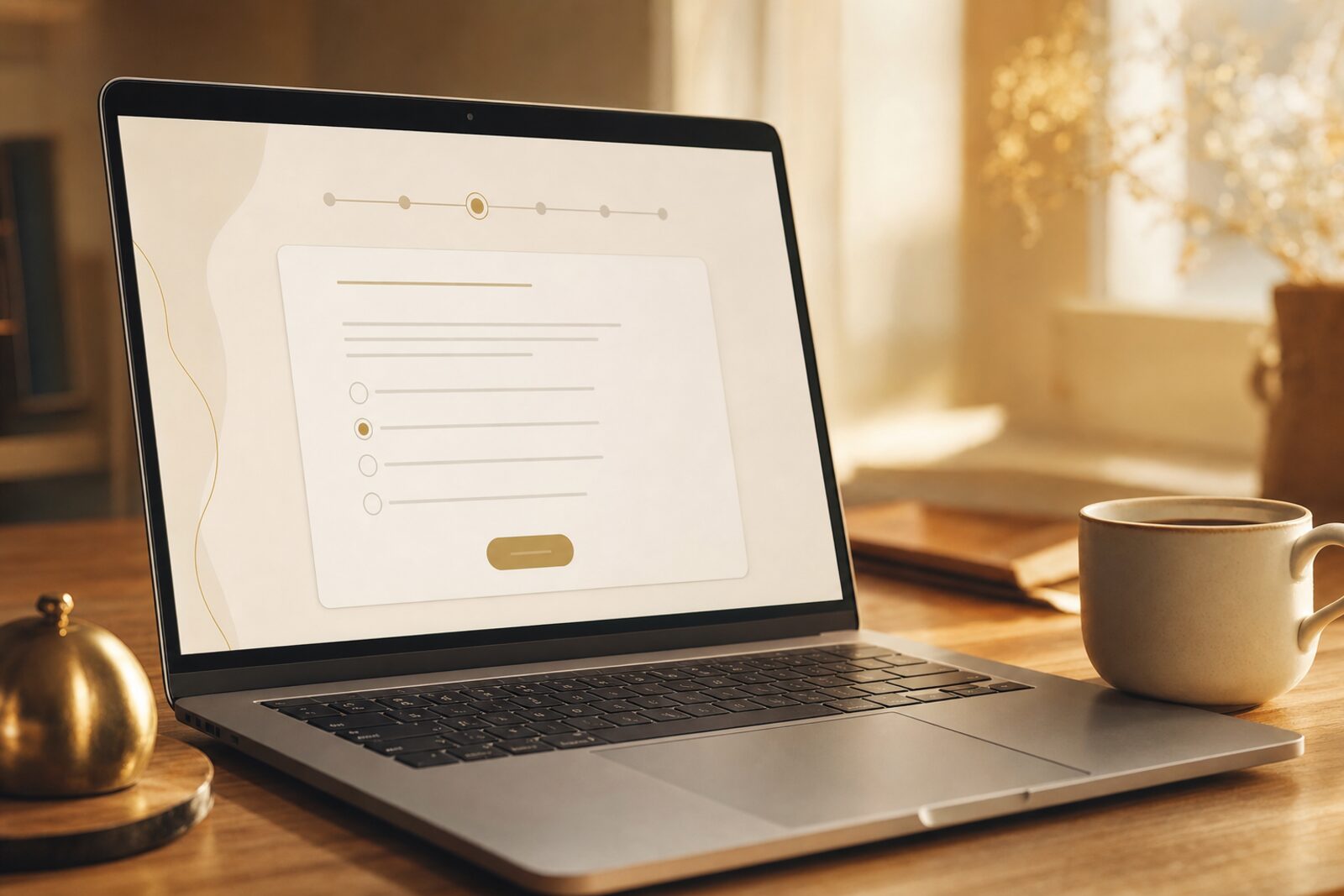 A laptop on a warm wooden desk showing an online assessment interface with a progress bar and radio button questions