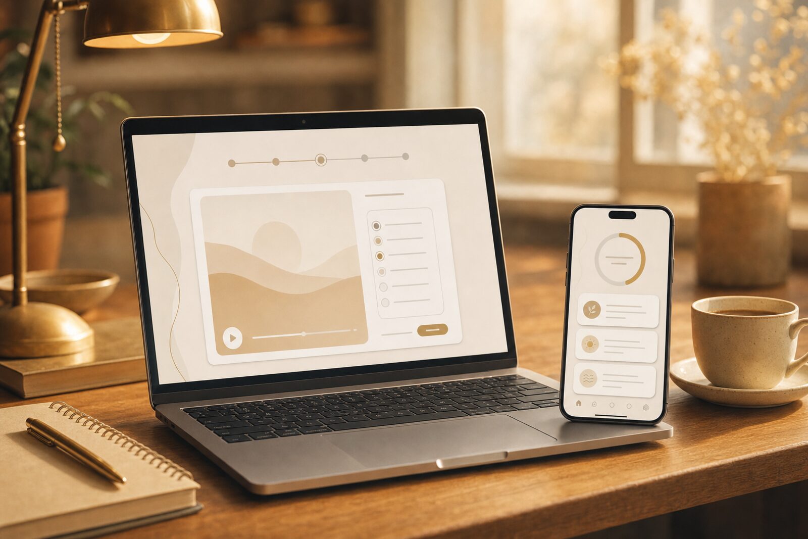 A laptop and phone side by side showing an online course with video lessons and a companion practice app on the phone