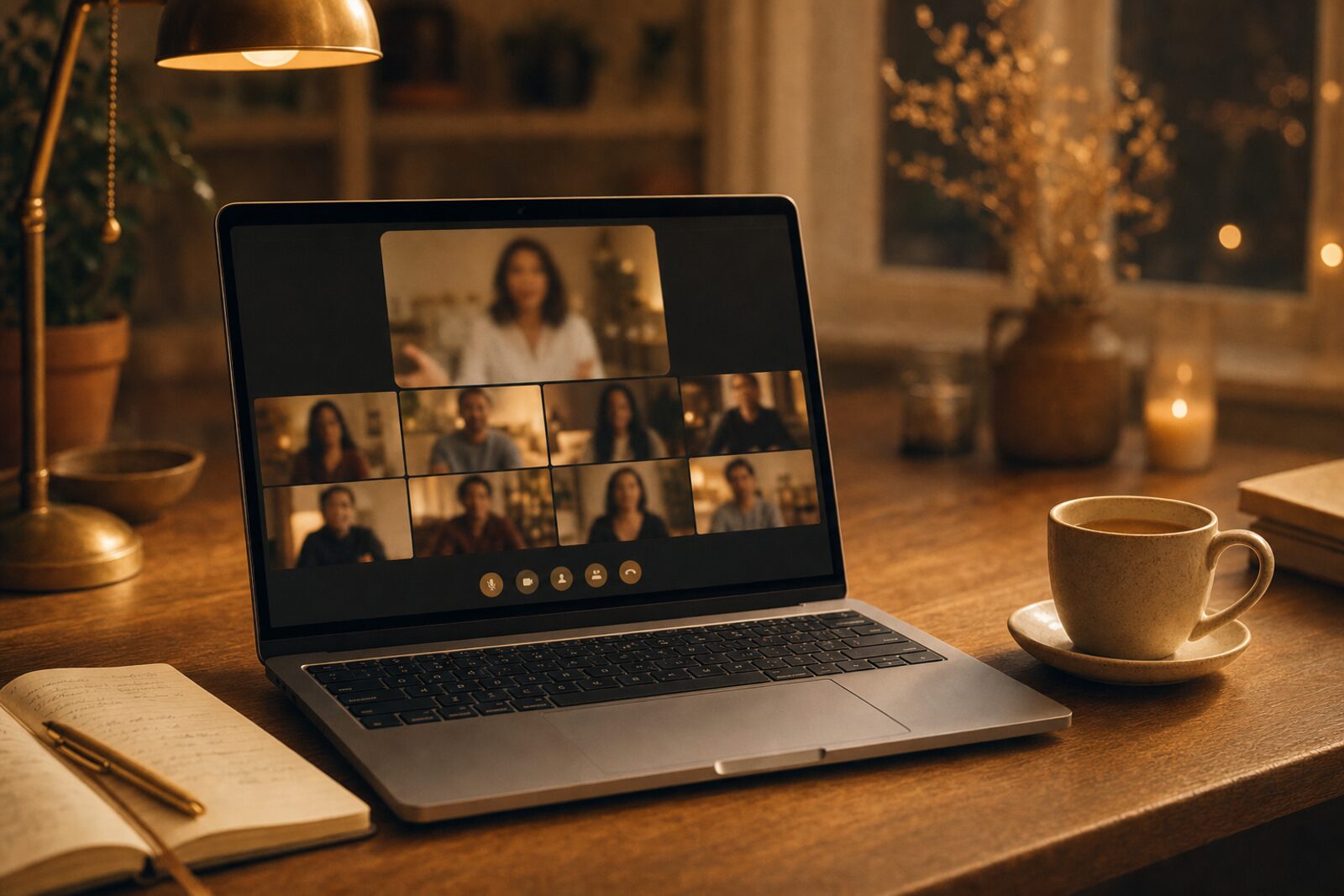 A laptop on a warm wooden desk showing a live virtual group coaching call with a grid of participants