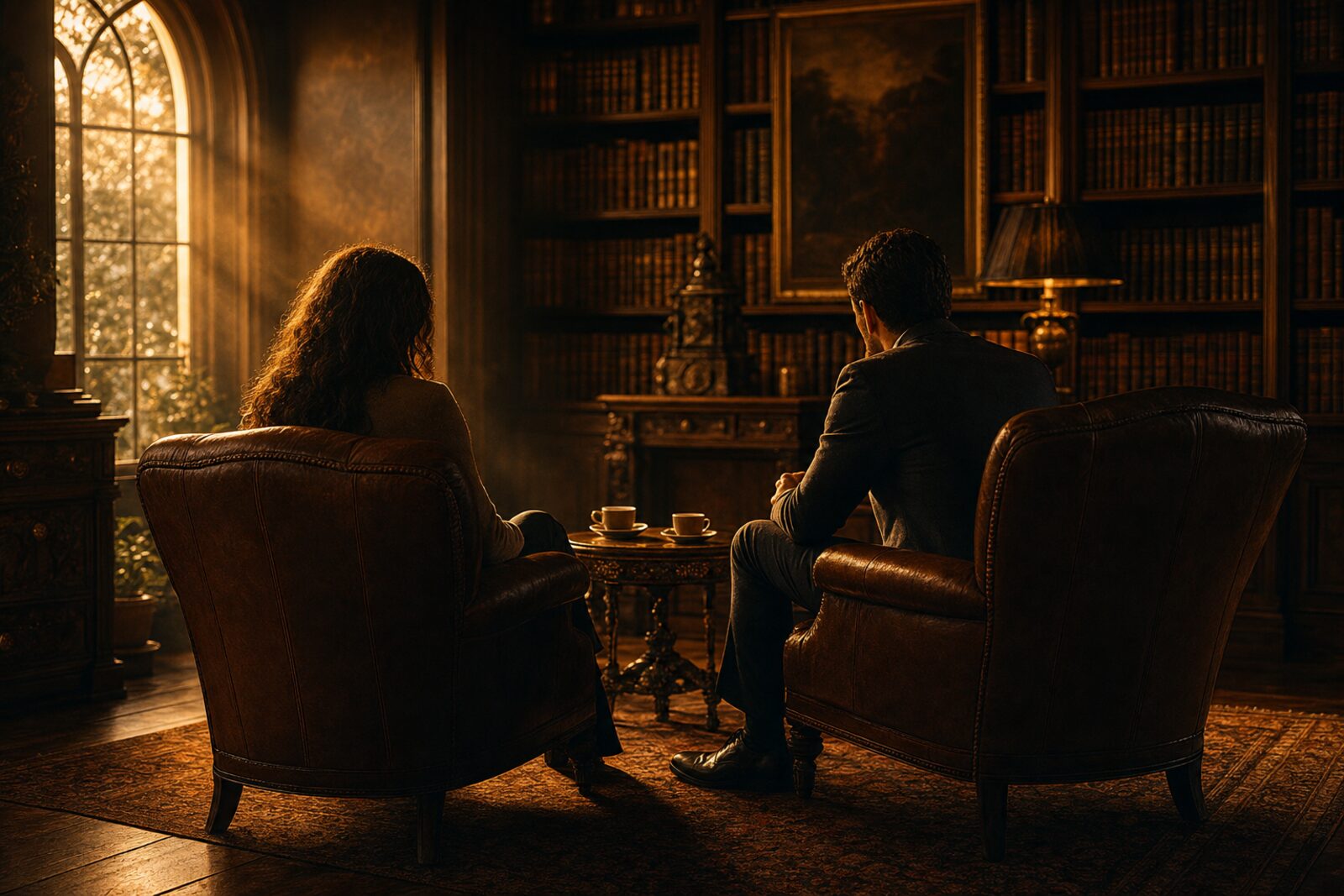 A private coaching session with two people in leather armchairs in a warmly lit study, golden sunlight streaming through an arched window